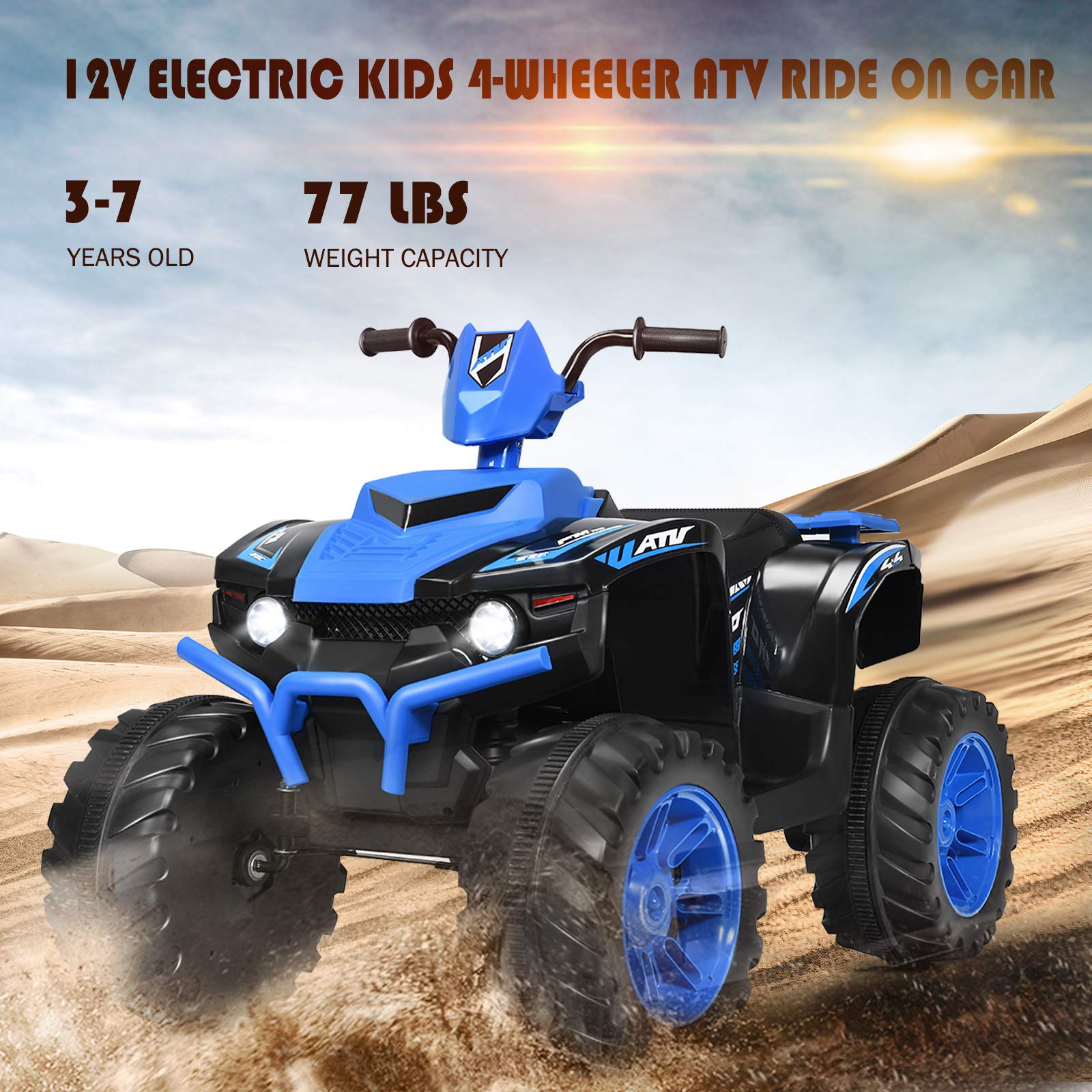 Costzon Kids ATV, 12V Battery Powered Electric Vehicle w/LED Lights, High & Low Speed, Horn, Music, USB, Treaded Tires, Ride on Car 4 Wheeler Quad for Boys & Girls Gift, Ride on ATV (Blue)