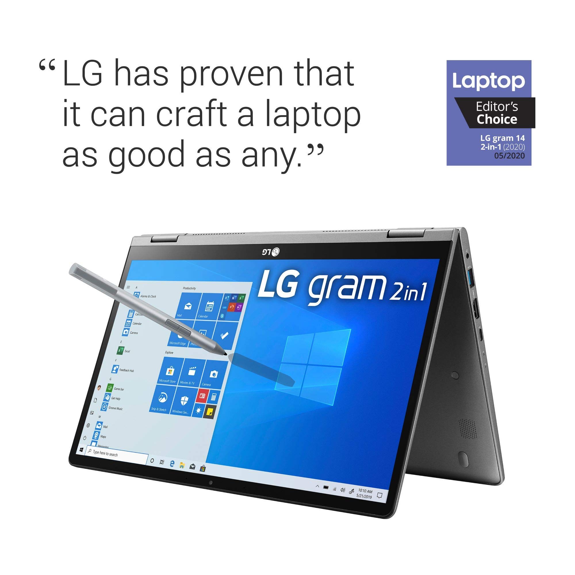 2020 LG Gram 2-in-1 Convertible Laptop: 14-inch FHD IPS Touchscreen Display, Intel 10th Gen Core i7-10510U CPU, 16GB RAM, 1TB (512GB x 2) M.2 MVMe SSD, Thunderbolt 3, Windows 10 (Renewed)