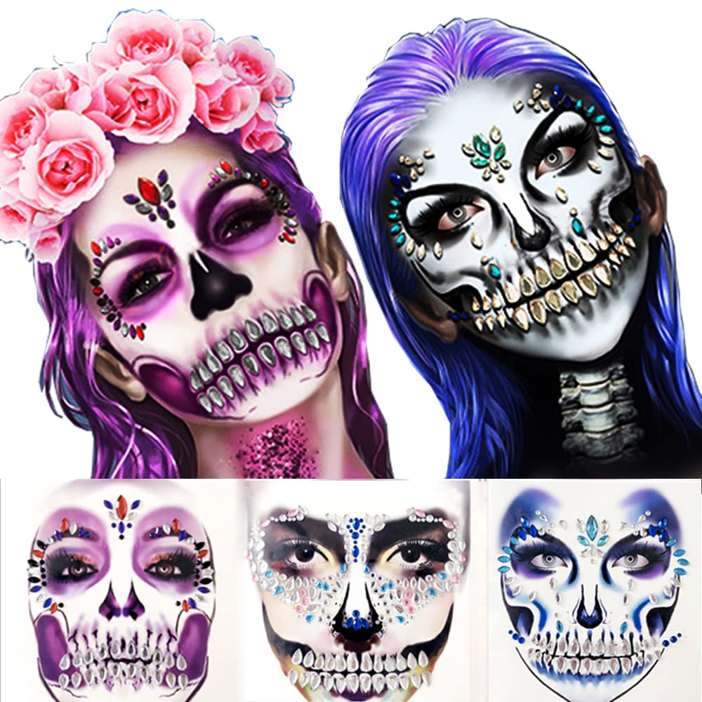 Day of the Death Face Gems Tattoo,Halloween Face Jewels Stick on Face Decals,3-Pack