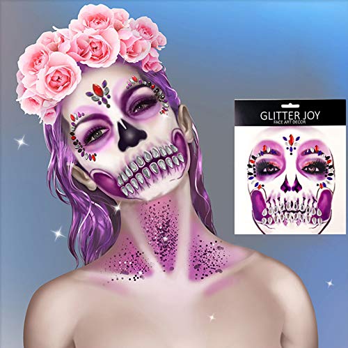 Day of the Death Face Gems Tattoo,Halloween Face Jewels Stick on Face Decals,3-Pack