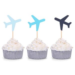 blue plane cupcake toppers for baby shower decoration how time flies airplane theme birthday party supplies (24 counts)