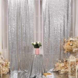poise3ehome 2pcs 3ft x 8ft silver sequin backdrop curtain, glitter photography background, sequence xmas thanksgiving backdrop for wedding party holiday festival decor