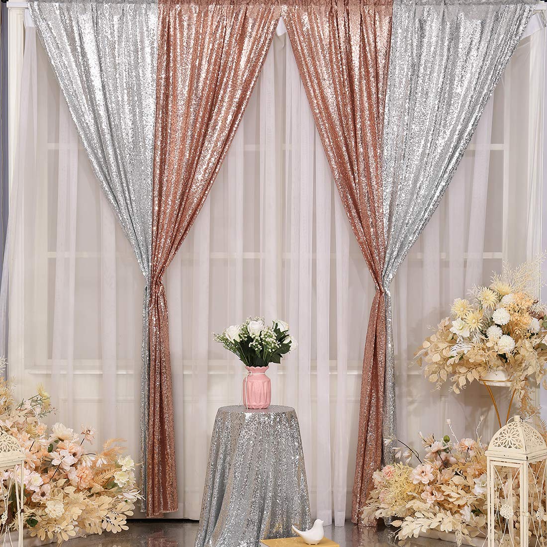 Poise3EHome 2Pcs 3Ft x 8Ft Silver Sequin Backdrop Curtain, Glitter Photography Background, Sequence Xmas Thanksgiving Backdrop for Wedding Party Holiday Festival Decor
