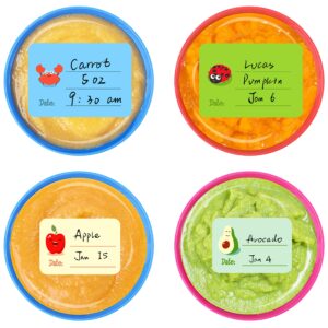 240 pcs baby food labels set in 2 sizes and 45 designs water resistant for food containers, jars