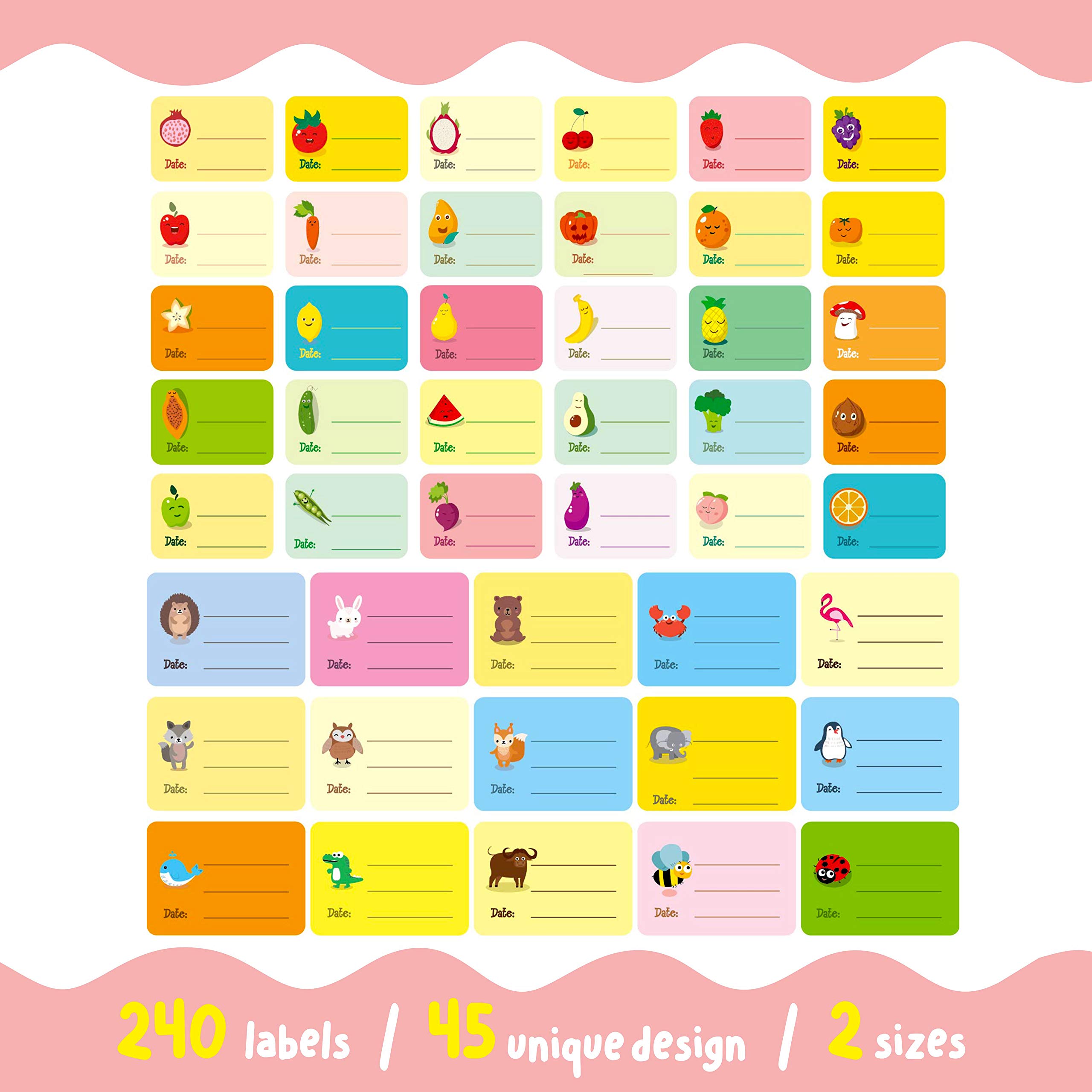 240 PCS Baby Food Labels Set in 2 Sizes and 45 Designs Water Resistant for Food Containers, Jars