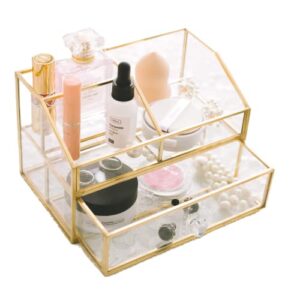 fsyueyun makeup organizer for vanity, clear glass drawer organization and storage jewelry display case gold cosmetics storage lipstick organizer tray perfumes for bathroom counter or dresser