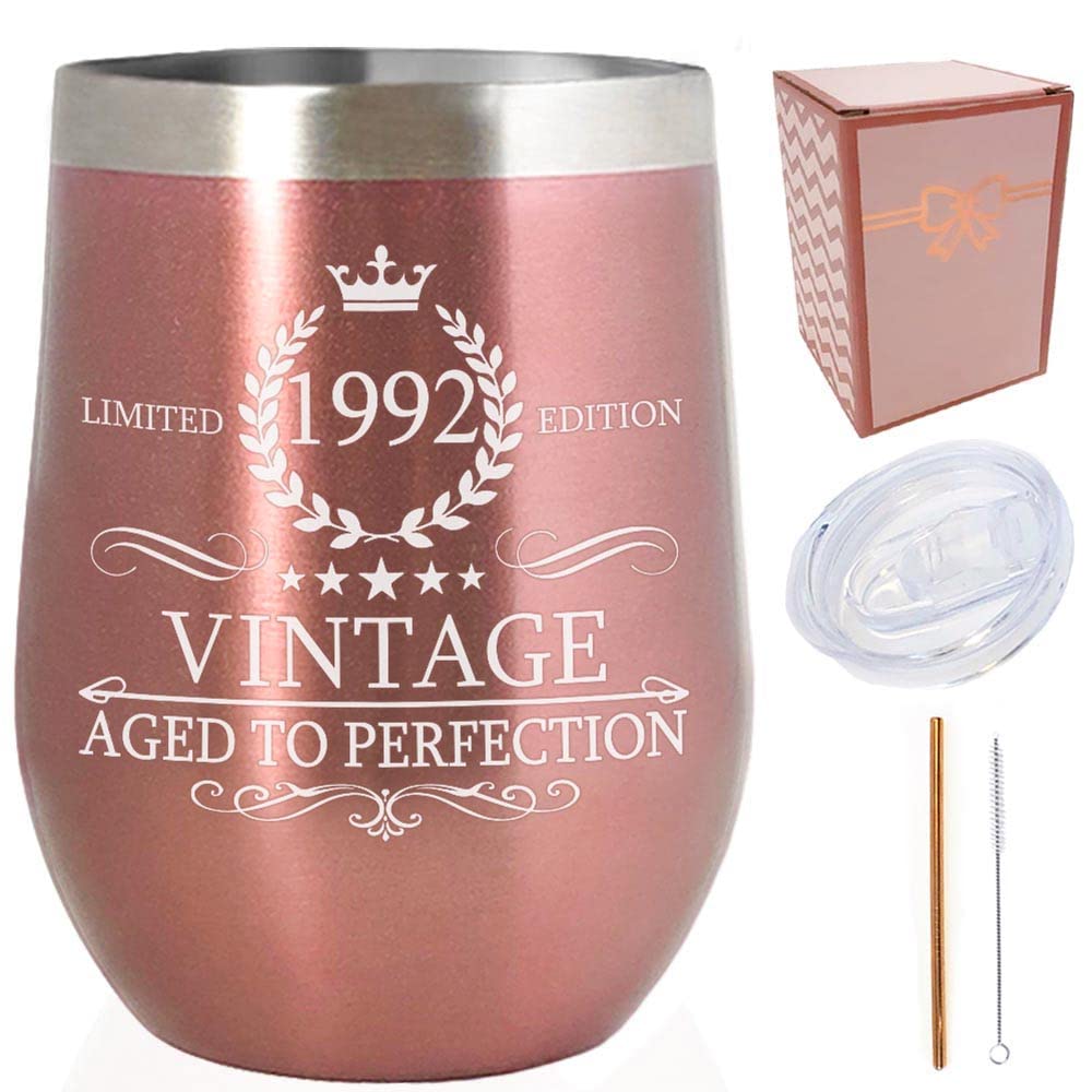 1991 33rd Birthday Presents for Women |Vintage Aged to Perfection Rose Gold 12 oz Insulated Double Wall/Stainless Steel Tumbler/Coffee Cup/Mug/Wine Glass w/Lid & Straw/ Funny Anniversary Ideas for her