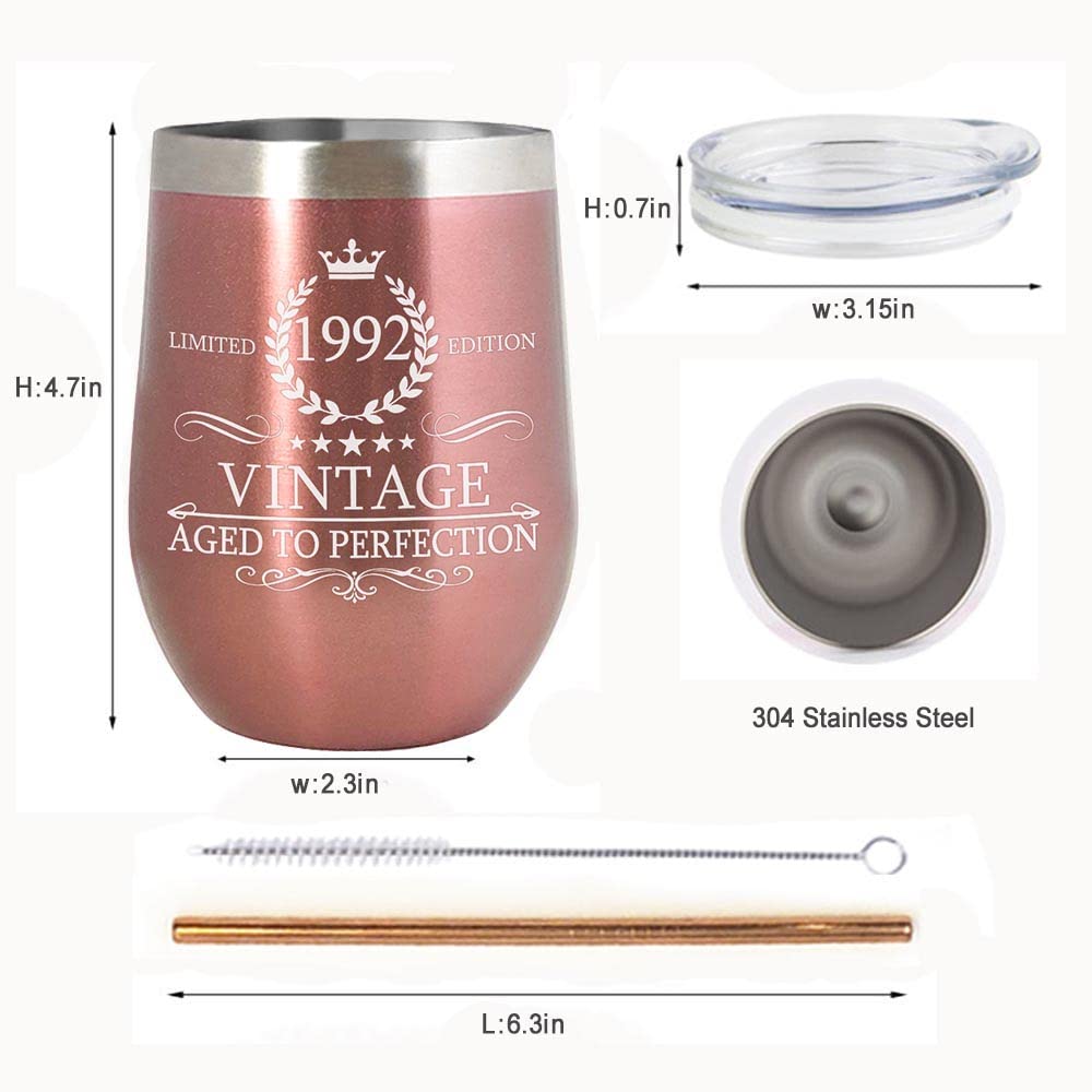 1991 33rd Birthday Presents for Women |Vintage Aged to Perfection Rose Gold 12 oz Insulated Double Wall/Stainless Steel Tumbler/Coffee Cup/Mug/Wine Glass w/Lid & Straw/ Funny Anniversary Ideas for her