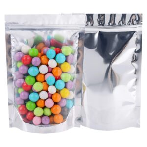 100pcs resealable mylar bags for food storage, 5.9'' x 8.7'' smell proof ziplock bags freestanding, aluminum foil packaging pouches bag for cookies, nuts, tea, candy - 6.3 mil