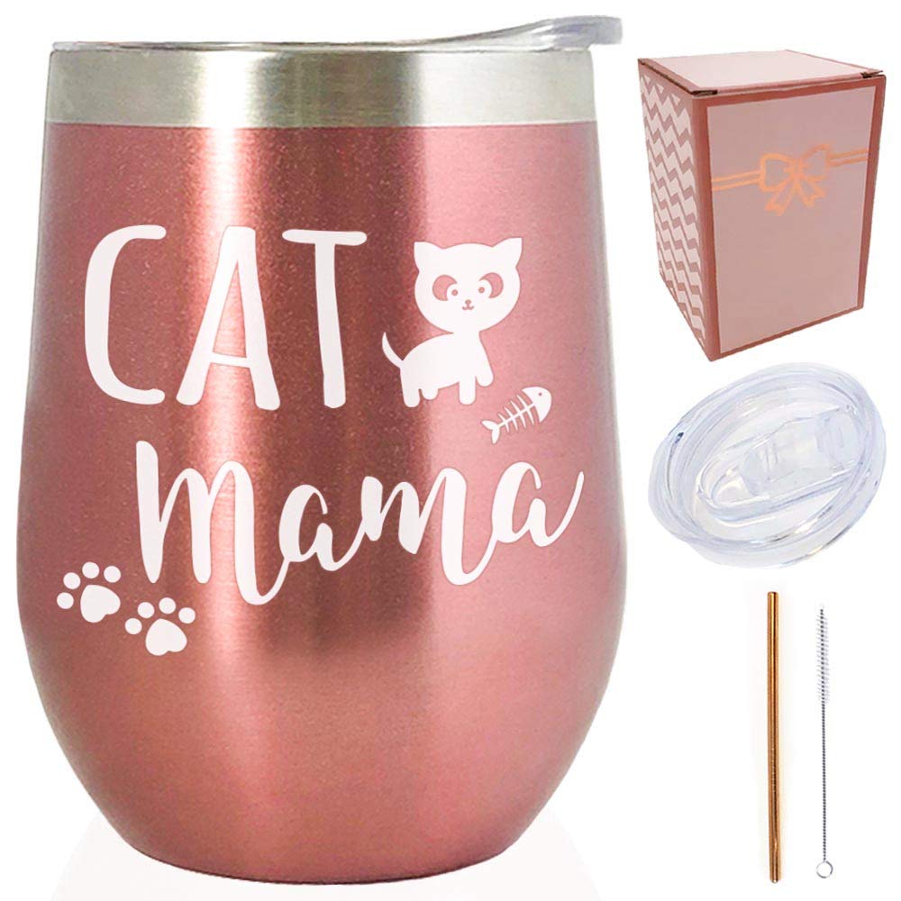 Cats Lovers Gift for her - Cat Mama 12 oz Rose Gold Stainless Steel Wine Tumbler/Coffee Cup/Mug/Glass w/Lid & Straw | Funny Sayings Valentine's/Mother's Day present Idea for Women, Sisters, BFF, Wife