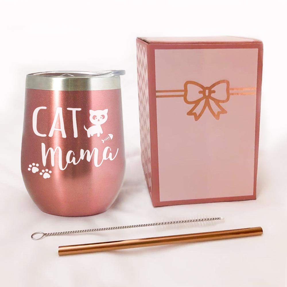 Cats Lovers Gift for her - Cat Mama 12 oz Rose Gold Stainless Steel Wine Tumbler/Coffee Cup/Mug/Glass w/Lid & Straw | Funny Sayings Valentine's/Mother's Day present Idea for Women, Sisters, BFF, Wife