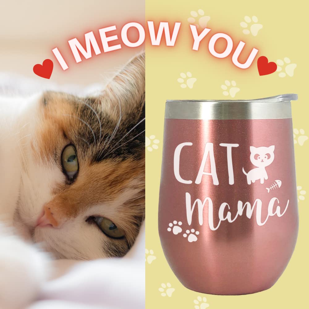 Cats Lovers Gift for her - Cat Mama 12 oz Rose Gold Stainless Steel Wine Tumbler/Coffee Cup/Mug/Glass w/Lid & Straw | Funny Sayings Valentine's/Mother's Day present Idea for Women, Sisters, BFF, Wife