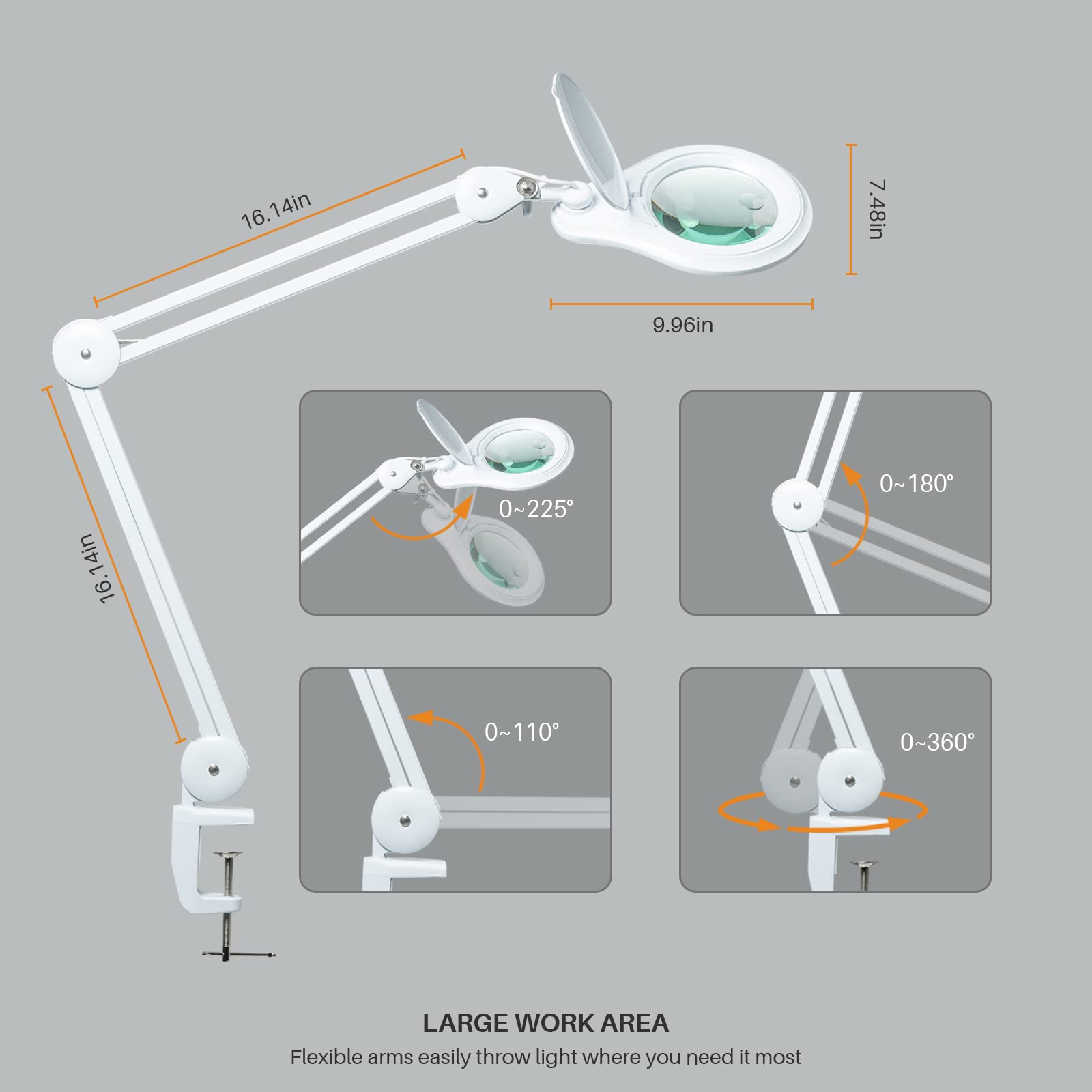 Bemelux Bifocals LED Magnifying Lamp with Clamp, 5 Diopter with 20 Diopter, 5 Inch Magnifier Glass Lens, 1200 Lumens Dimmable Magnifier Lamp for Desk Craft Hobby with 60PCS Bright LEDs