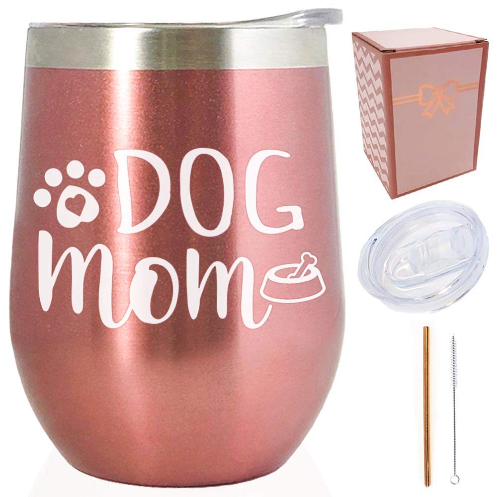 Dogs Lovers Mother's Day Gift for her - Dog Mom 12 oz Stainless Steel Wine Tumbler/Coffee Cup/Mug/Glass | Funny Sayings Gift Idea for Woman,Sisters,BFF,Wife,Coworker (12 oz, Dog Mom - Rose Gold)