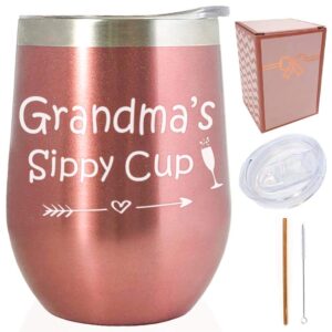 Grandma's Sippy Cup-Fun Birthday Christmas Mother's Day Gifts Ideas for New Grandmother/Mother-in-Law|12 oz Stainless Steel Wine Tumbler/Travel Coffee Mug Glass(12 oz, Grandma's Sippy Cup - Rose Gold)