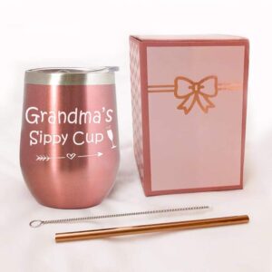 Grandma's Sippy Cup-Fun Birthday Christmas Mother's Day Gifts Ideas for New Grandmother/Mother-in-Law|12 oz Stainless Steel Wine Tumbler/Travel Coffee Mug Glass(12 oz, Grandma's Sippy Cup - Rose Gold)