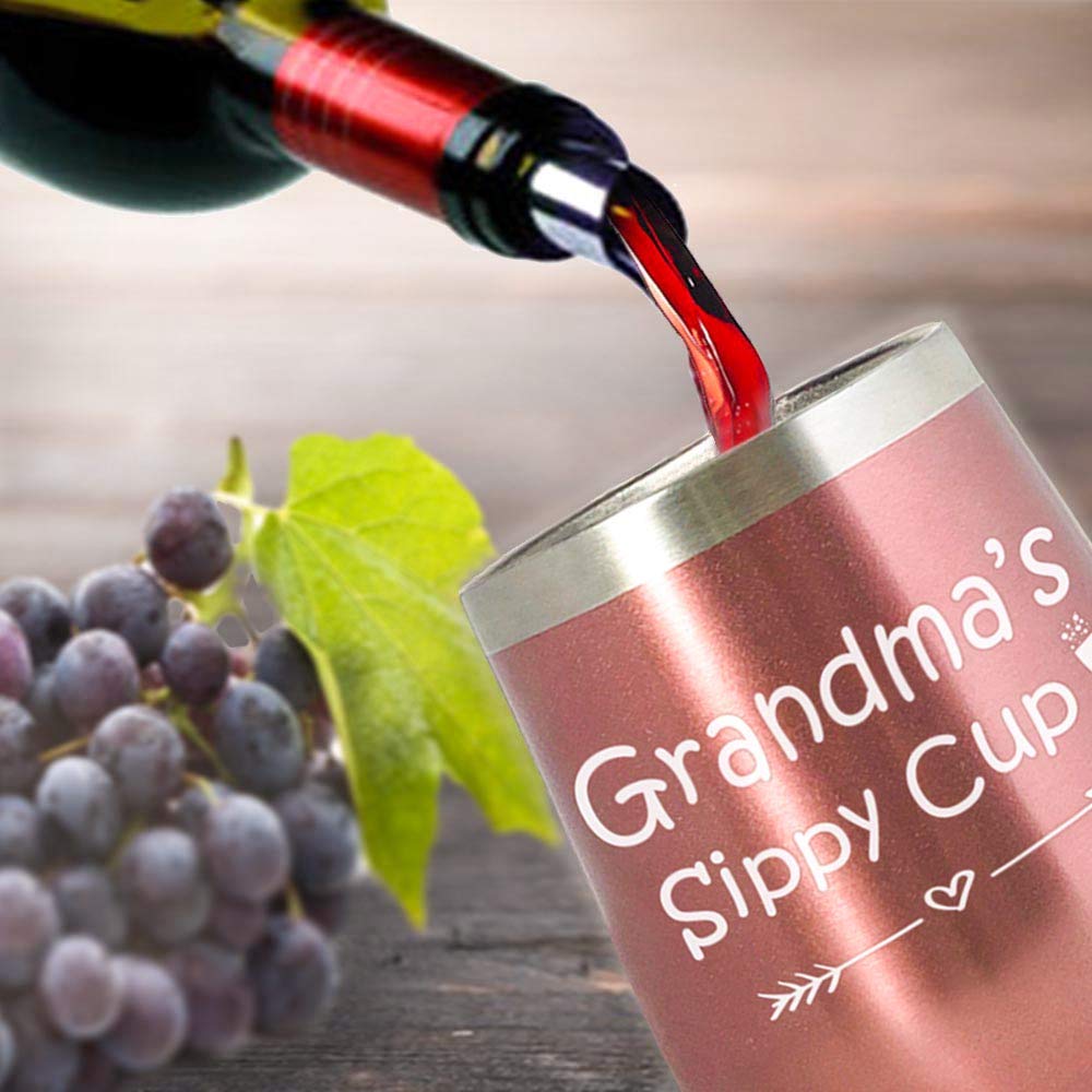 Grandma's Sippy Cup-Fun Birthday Christmas Mother's Day Gifts Ideas for New Grandmother/Mother-in-Law|12 oz Stainless Steel Wine Tumbler/Travel Coffee Mug Glass(12 oz, Grandma's Sippy Cup - Rose Gold)