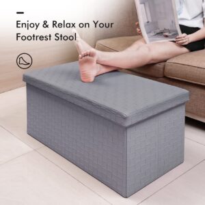 B FSOBEIIALEO Folding Storage Ottoman, Faux Leather Footrest Seat Long Bench Storage Box Chest, Grey 30"x15"x15"