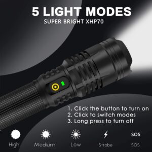 YXQUA XHP70 12000 Lumen Flashlight, Super Bright USB Rechargeable Flashlight, Powerful LED Flashlight with High Lumen, 5 Modes for Emergency, Hiking, with Holster