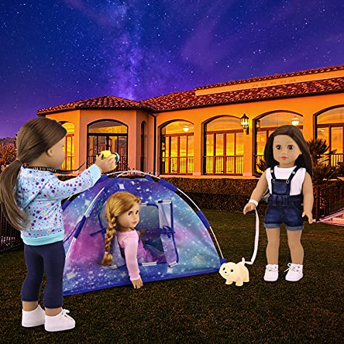 Ecore Fun 5 Items 18 inch Dolls Camping Tent Set and Accessories Including Girl Doll Tent, Sleeping Bag, Backpack, Toy Camera and Dog