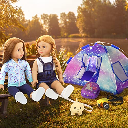 Ecore Fun 5 Items 18 inch Dolls Camping Tent Set and Accessories Including Girl Doll Tent, Sleeping Bag, Backpack, Toy Camera and Dog