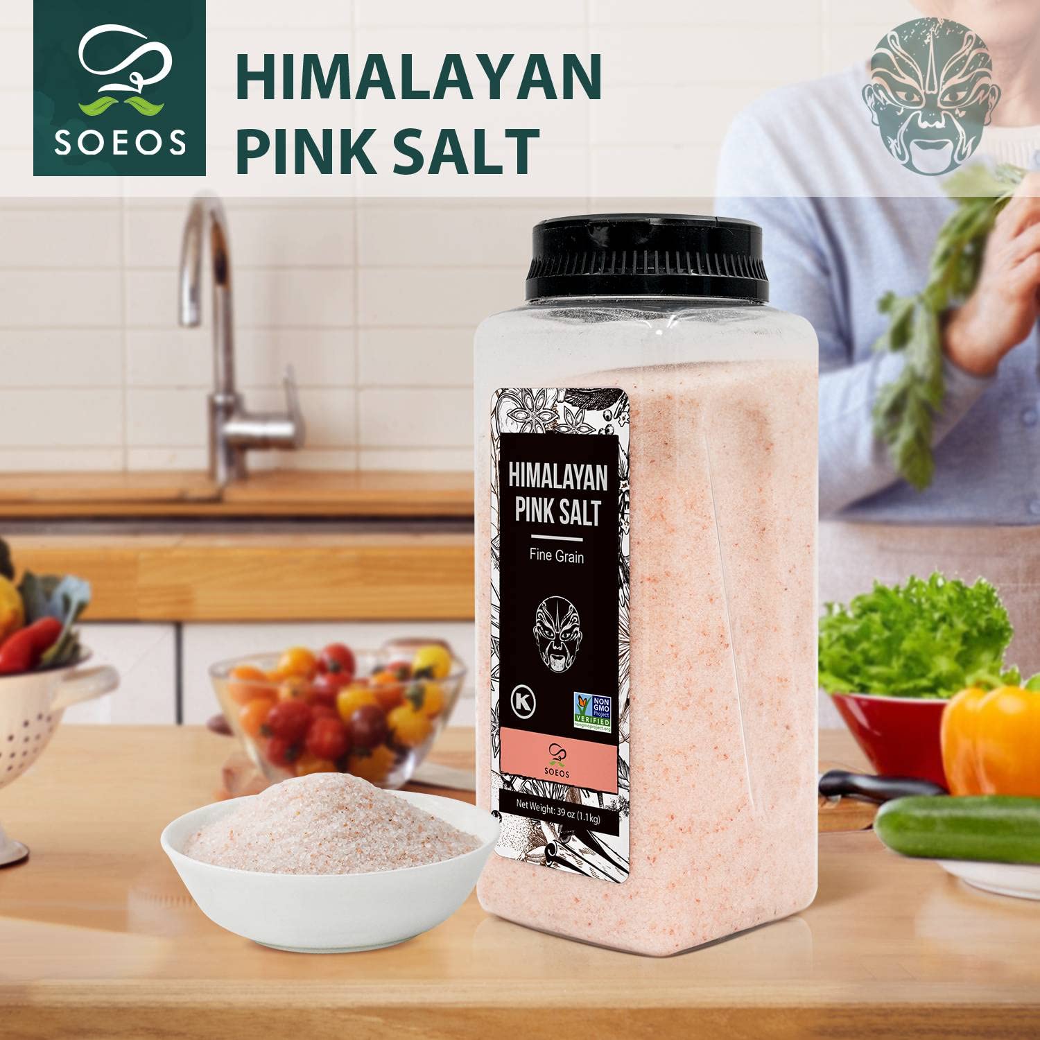 Soeos Pink Himalayan Sea Salt, Fine Grain, 38.8oz (2.4 LB), Kosher Salt, Non-GMO