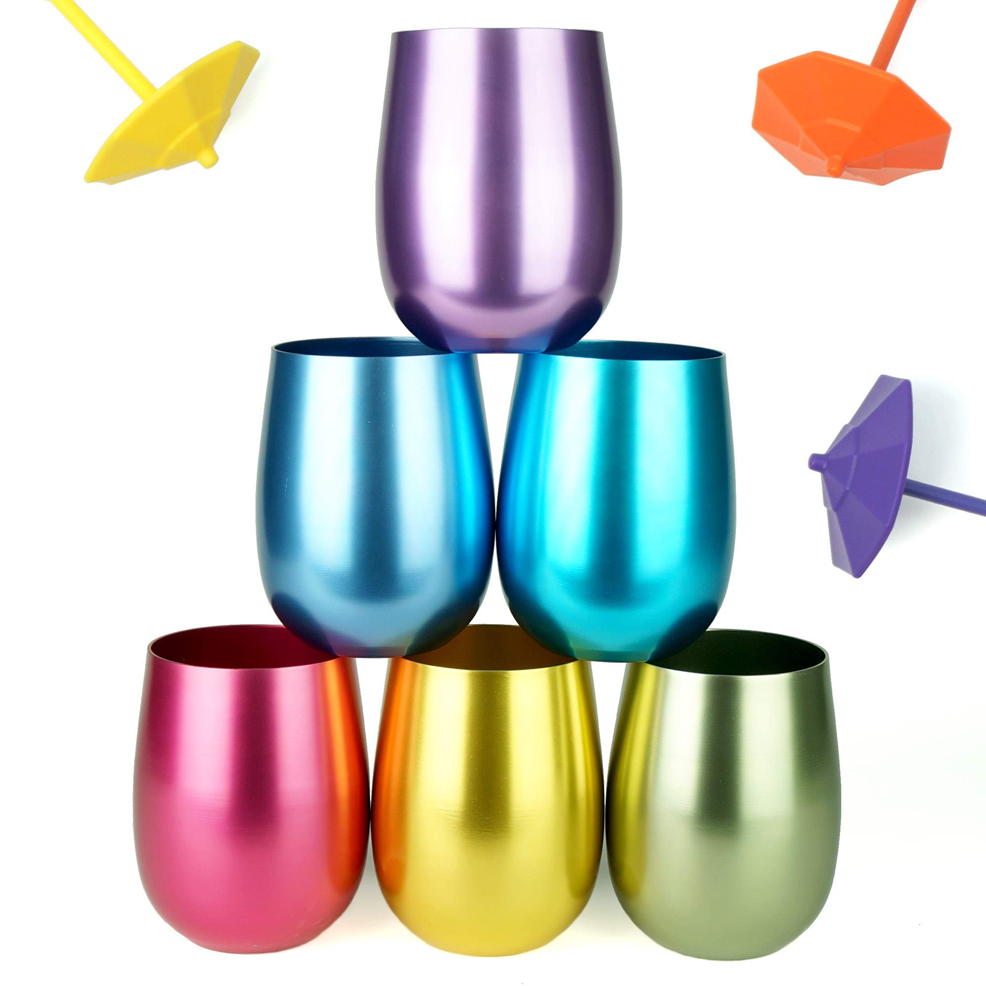 CLW Aluminum Stemless Wine/Old Fashion Glass, Set of 4, 4-Color in a Set (Purple/Blue/Pink/Gold), 16oz (Medium)