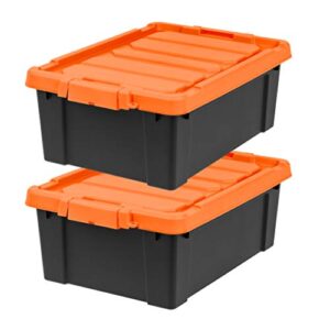 iris usa 11 gallon loackable storage totes with lids, 2 pack - orange lid, heavy-duty durable stackable containers, large garage organizing bins moving tubs, rugged sturdy equipment utility tool box