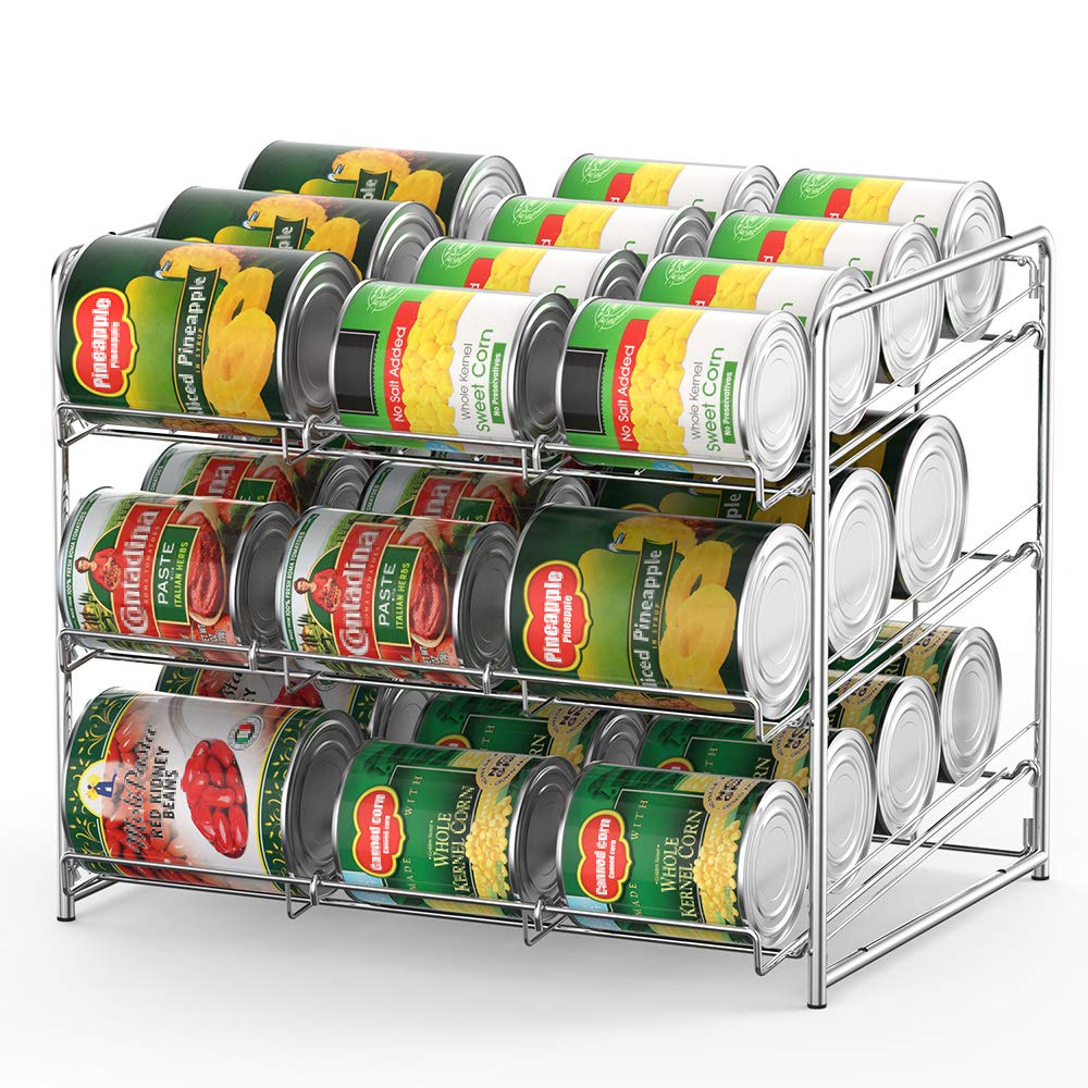 Can Organizer Stackable 2 Pack Can Storage Dispenser Rack 3 Tier Holds up 36 Cans Rotates First in First Out for Kitchen Cabinet or Pantry, Chrome Finish