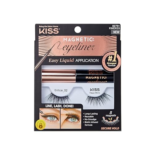 KISS Magnetic Eyeliner False Eyelashes, Entice', 12 mm, Includes 1 Pair Of Magnetic Lashes, Magnetic Lash Eyeliner, Contact Lens Friendly, Easy to Apply, Reusable Strip Lashes