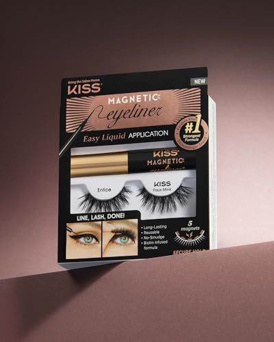 KISS Magnetic Eyeliner False Eyelashes, Entice', 12 mm, Includes 1 Pair Of Magnetic Lashes, Magnetic Lash Eyeliner, Contact Lens Friendly, Easy to Apply, Reusable Strip Lashes