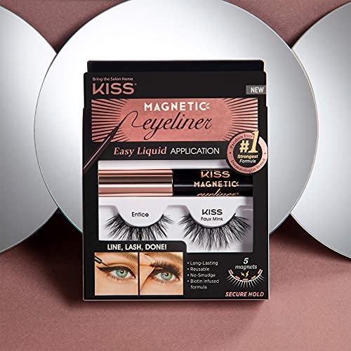 KISS Magnetic Eyeliner False Eyelashes, Entice', 12 mm, Includes 1 Pair Of Magnetic Lashes, Magnetic Lash Eyeliner, Contact Lens Friendly, Easy to Apply, Reusable Strip Lashes