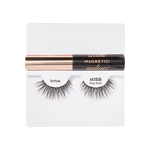 KISS Magnetic Eyeliner False Eyelashes, Entice', 12 mm, Includes 1 Pair Of Magnetic Lashes, Magnetic Lash Eyeliner, Contact Lens Friendly, Easy to Apply, Reusable Strip Lashes