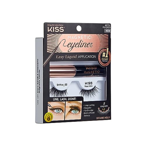 KISS Magnetic Eyeliner False Eyelashes, Entice', 12 mm, Includes 1 Pair Of Magnetic Lashes, Magnetic Lash Eyeliner, Contact Lens Friendly, Easy to Apply, Reusable Strip Lashes