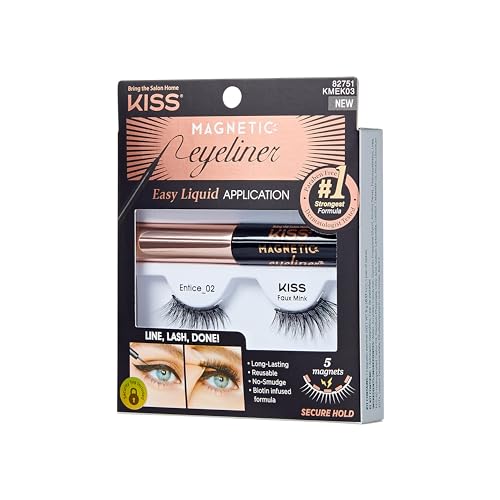 KISS Magnetic Eyeliner False Eyelashes, Entice', 12 mm, Includes 1 Pair Of Magnetic Lashes, Magnetic Lash Eyeliner, Contact Lens Friendly, Easy to Apply, Reusable Strip Lashes