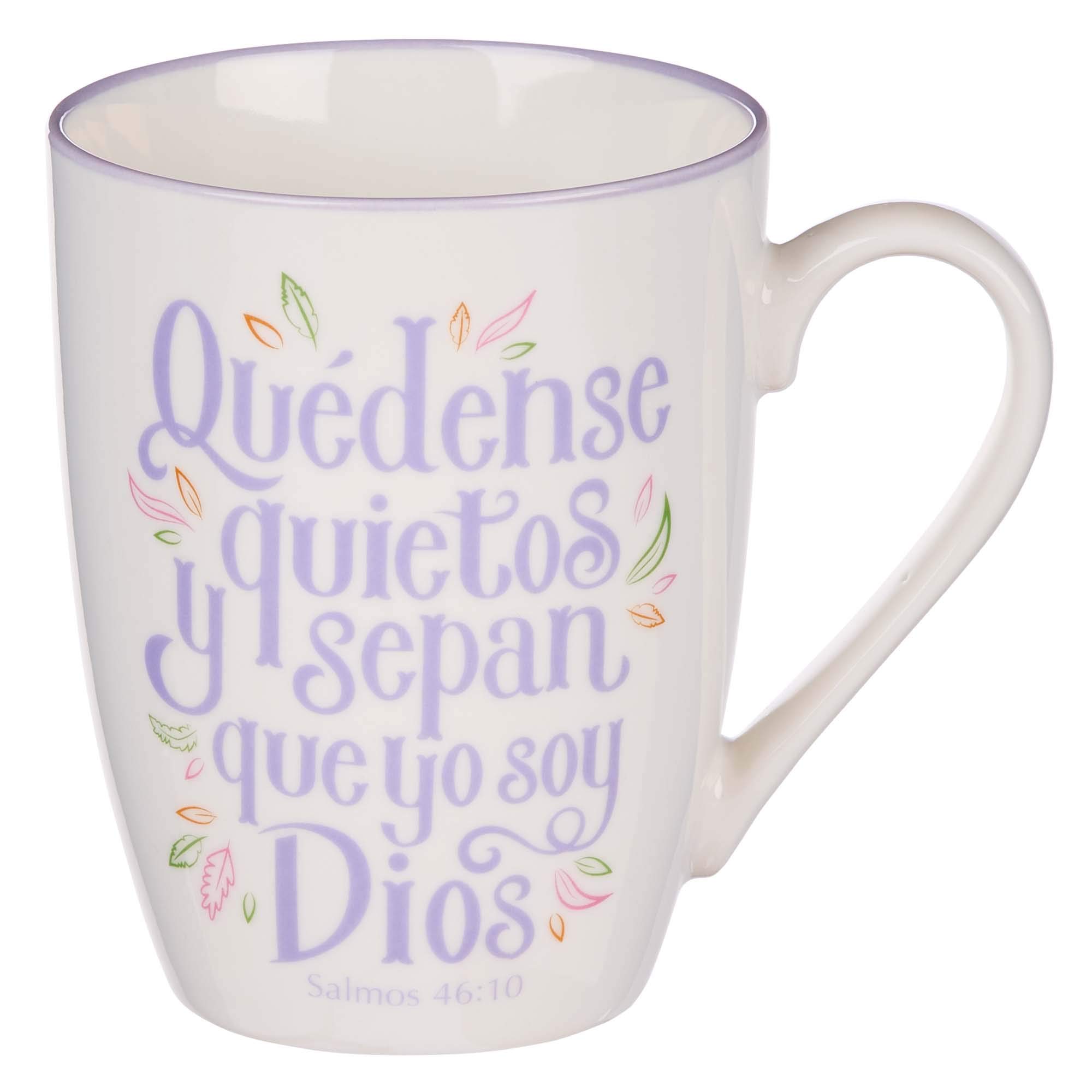 Christian Art Gifts Taza de Cerámica Quédate Quieto y Conoce Salmos 46:10 Apta Para Microondas y Lavavajillas, Sin Plomo, Blanco Cremoso y Lila Taza de Café Inspiradora, 12 onzas