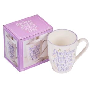 Christian Art Gifts Taza de Cerámica Quédate Quieto y Conoce Salmos 46:10 Apta Para Microondas y Lavavajillas, Sin Plomo, Blanco Cremoso y Lila Taza de Café Inspiradora, 12 onzas