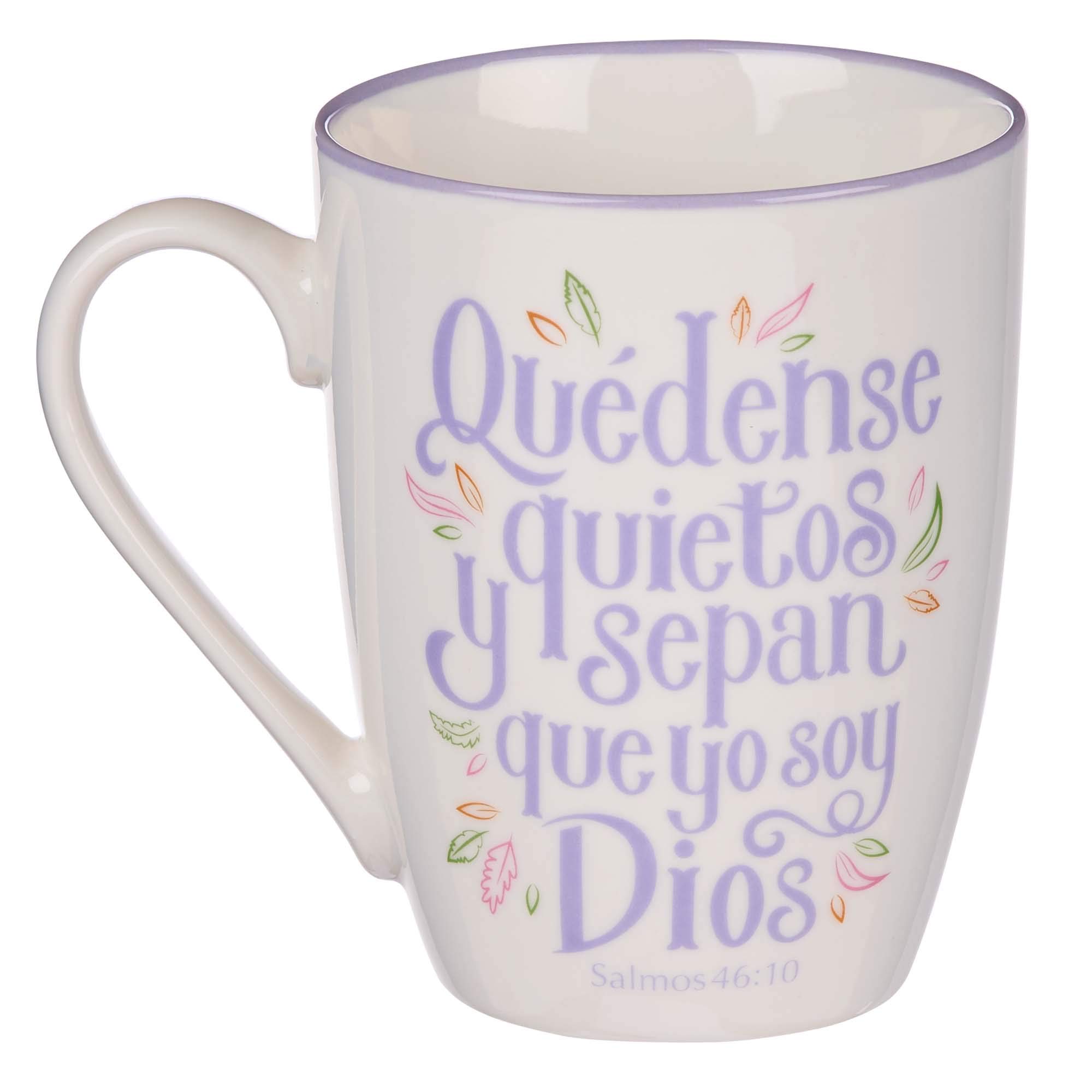 Christian Art Gifts Taza de Cerámica Quédate Quieto y Conoce Salmos 46:10 Apta Para Microondas y Lavavajillas, Sin Plomo, Blanco Cremoso y Lila Taza de Café Inspiradora, 12 onzas