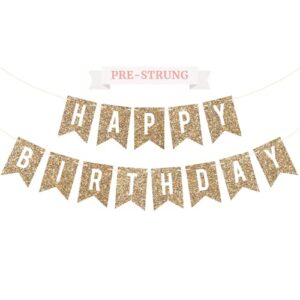 pre-strung happy birthday banner - no diy - gold glitter birthday party banner - pre-strung garland on 6 ft strands - gold birthday party decorations & decor. did we mention no diy?