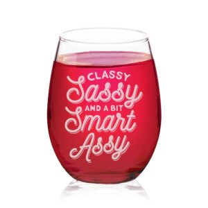veracco classy sassy and a bit smart assy funny birthday gift for wine lover party favor laser angraved stemless wine glass (clear, glass)