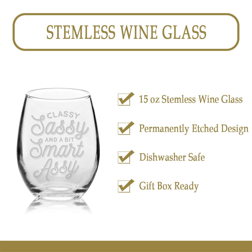 Veracco Classy Sassy And A Bit Smart Assy Funny Birthday Gift For Wine Lover Party Favor Laser Angraved Stemless Wine Glass (Clear, Glass)