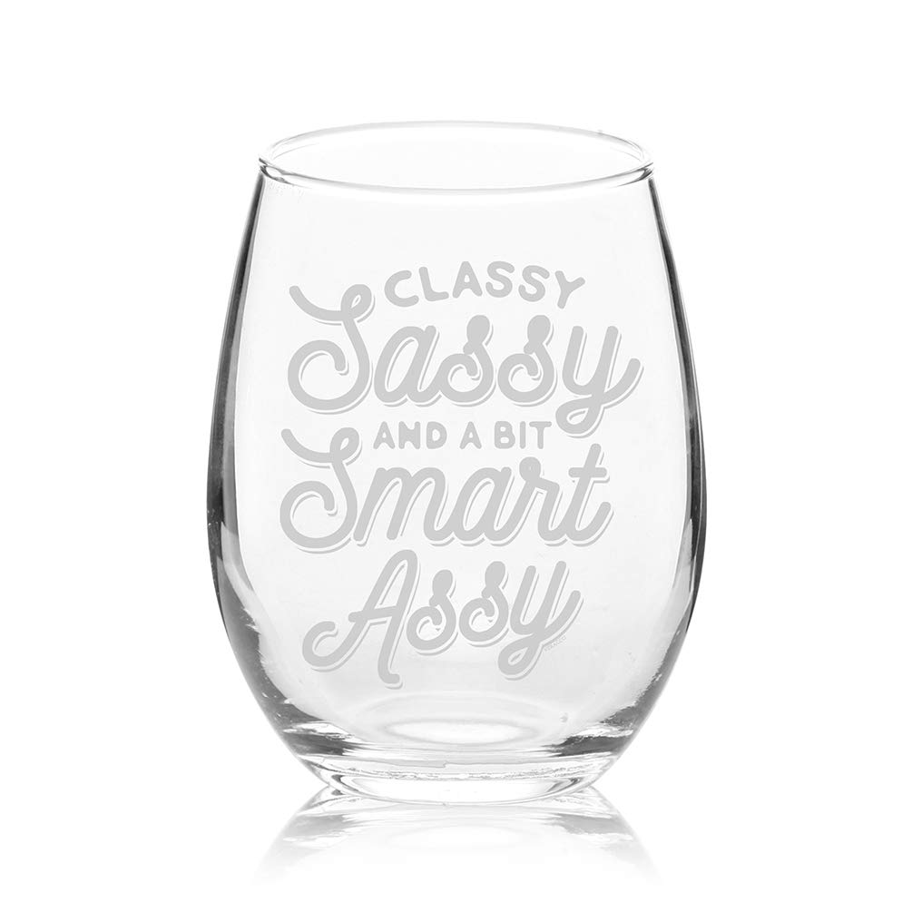 Veracco Classy Sassy And A Bit Smart Assy Funny Birthday Gift For Wine Lover Party Favor Laser Angraved Stemless Wine Glass (Clear, Glass)