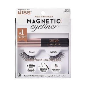 kiss magnetic eyeliner & lash kit, tempt, 1 pair of synthetic false eyelashes with 5 double strength magnets and smudge proof, biotin infused black magnetic eyeliner with precision tip brush