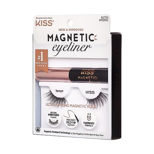 KISS Magnetic Eyeliner & Lash Kit, Tempt, 1 Pair of Synthetic False Eyelashes With 5 Double Strength Magnets and Smudge Proof, Biotin Infused Black Magnetic Eyeliner with Precision Tip Brush