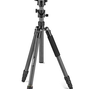 NATIONAL GEOGRAPHIC Travel Tripod, 5-Section Legs, Carbon Fiber, Compatible with Canon, Nikon, Sony DSLR, 90 Column, Twist Locks 360 Degree Ball Head,Quick Release Plate, 8KG Load Capacity, Carry Bag