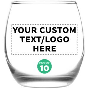 custom mikonos stemless wine glasses 11.5 oz. set of 10, personalized bulk pack - restaurant glassware, perfect for red wine, white wine, cocktails - clear