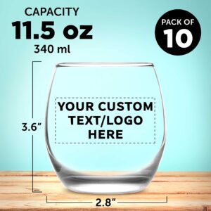 Custom Mikonos Stemless Wine Glasses 11.5 oz. Set of 10, Personalized Bulk Pack - Restaurant Glassware, Perfect for Red Wine, White Wine, Cocktails - Clear