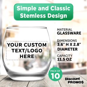 Custom Mikonos Stemless Wine Glasses 11.5 oz. Set of 10, Personalized Bulk Pack - Restaurant Glassware, Perfect for Red Wine, White Wine, Cocktails - Clear