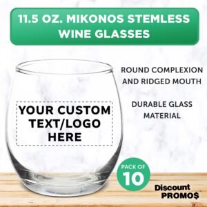 Custom Mikonos Stemless Wine Glasses 11.5 oz. Set of 10, Personalized Bulk Pack - Restaurant Glassware, Perfect for Red Wine, White Wine, Cocktails - Clear