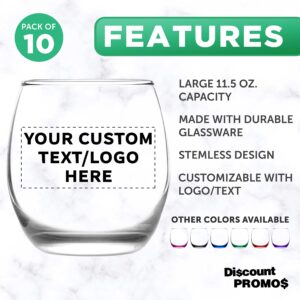 Custom Mikonos Stemless Wine Glasses 11.5 oz. Set of 10, Personalized Bulk Pack - Restaurant Glassware, Perfect for Red Wine, White Wine, Cocktails - Clear